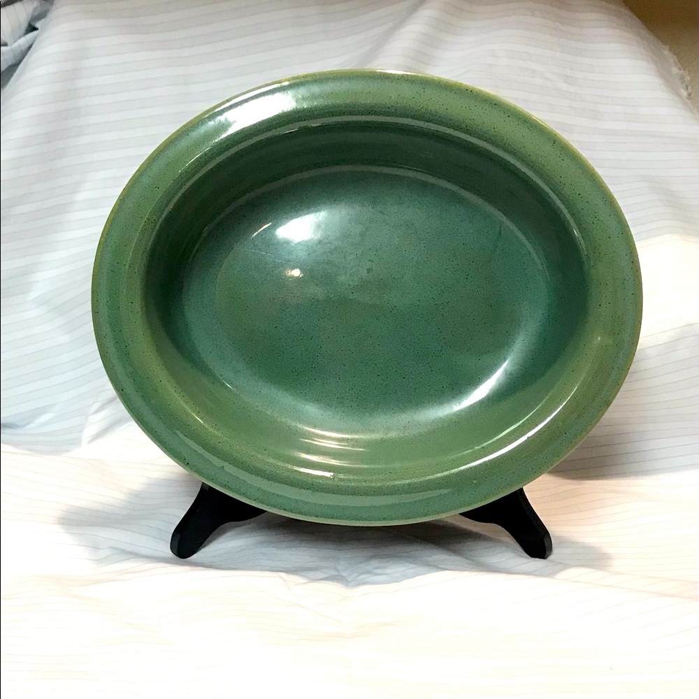 Large brown and green stoneware serving casserole dish